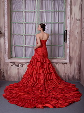 Scarlet Red Taffeta Ruffled Layers Slit Skirt Prom Dress Cathedral Train Inexpensive