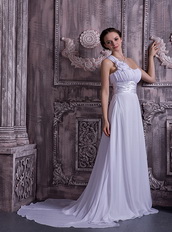 Lovely One Shoulder Court Train Prom Dress With Flowers Inexpensive