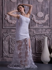 One Shoulder Watteau Train Transparent Appliuqes Skirt Prom Dress Inexpensive