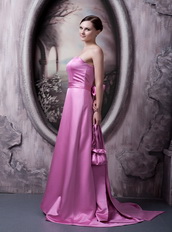 Rose Pink Strapless A-line Silhouette Bowknot Back Simple Prom Dress Inexpensive