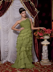 One Shoulder Olive Green Chiffon Ruffles Layers Long Skirt Dress Inexpensive