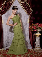 One Shoulder Olive Green Chiffon Ruffles Layers Long Skirt Dress Inexpensive
