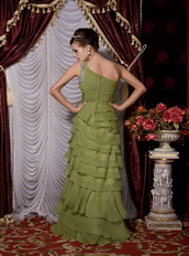 One Shoulder Olive Green Chiffon Ruffles Layers Long Skirt Dress Inexpensive