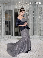 Mermaid Strapless Silver Sequin and Navy Taffeta Sash Prom Dress Inexpensive