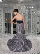 Mermaid Strapless Silver Sequin and Navy Taffeta Sash Prom Dress Inexpensive