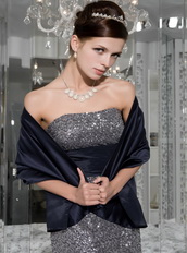 Mermaid Strapless Silver Sequin and Navy Taffeta Sash Prom Dress Inexpensive