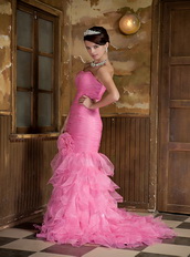 Mermaid Hot Pink Organza Ruffles Prom Dress With Hand Made Flower Inexpensive