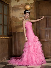 Mermaid Hot Pink Organza Ruffles Prom Dress With Hand Made Flower Inexpensive