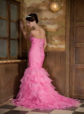 Mermaid Hot Pink Organza Ruffles Prom Dress With Hand Made Flower Inexpensive