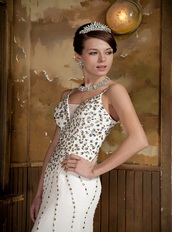 Column Spaghetti Straps White Chiffon Prom Dress With Colorful Crystals Inexpensive