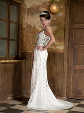 Column Spaghetti Straps White Chiffon Prom Dress With Colorful Crystals Inexpensive