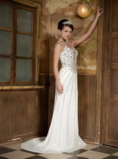 Column Spaghetti Straps White Chiffon Prom Dress With Colorful Crystals Inexpensive