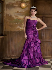 Mermaid Sweetheart Purple Taffeta Prom Gowns Dress With Ruffles Skirt Inexpensive