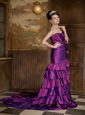 Mermaid Sweetheart Purple Taffeta Prom Gowns Dress With Ruffles Skirt Inexpensive