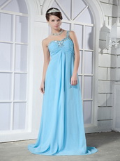 Light Aqua Blue One Shoulder Chiffon Fashion Prom Dresses 2014 Inexpensive