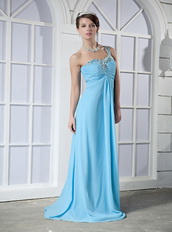 Light Aqua Blue One Shoulder Chiffon Fashion Prom Dresses 2014 Inexpensive