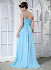 Light Aqua Blue One Shoulder Chiffon Fashion Prom Dresses 2014 Inexpensive