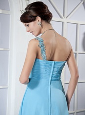 Light Aqua Blue One Shoulder Chiffon Fashion Prom Dresses 2014 Inexpensive