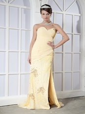 Sweetheart Light Yellow Chiffon Sequins Prom Dress With Side Split Inexpensive