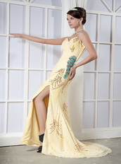 Sweetheart Light Yellow Chiffon Sequins Prom Dress With Side Split Inexpensive