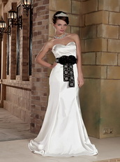 Ivory Sweetheart Column Satin Beaded Prom Dress With Black Sash Inexpensive