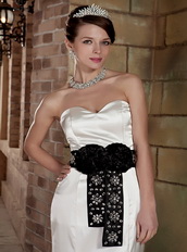 Ivory Sweetheart Column Satin Beaded Prom Dress With Black Sash Inexpensive