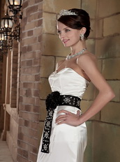 Ivory Sweetheart Column Satin Beaded Prom Dress With Black Sash Inexpensive