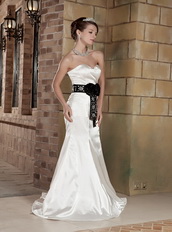 Ivory Sweetheart Column Satin Beaded Prom Dress With Black Sash Inexpensive