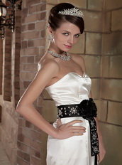 Ivory Sweetheart Column Satin Beaded Prom Dress With Black Sash Inexpensive