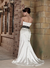 Ivory Sweetheart Column Satin Beaded Prom Dress With Black Sash Inexpensive