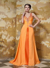 Orange Chiffon V neckline Best Sell Prom Gown With Front Split Inexpensive