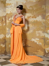 Orange Chiffon V neckline Best Sell Prom Gown With Front Split Inexpensive