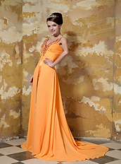 Orange Chiffon V neckline Best Sell Prom Gown With Front Split Inexpensive