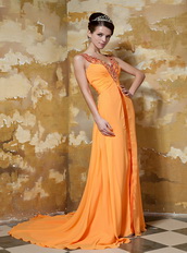 Orange Chiffon V neckline Best Sell Prom Gown With Front Split Inexpensive