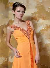 Orange Chiffon V neckline Best Sell Prom Gown With Front Split Inexpensive