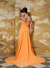 Orange Chiffon V neckline Best Sell Prom Gown With Front Split Inexpensive