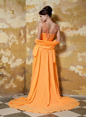 Orange Chiffon V neckline Best Sell Prom Gown With Front Split Inexpensive