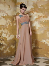 One Shoulder Floor-length Brown Chiffon Prom Dress With Beaded Sash Inexpensive