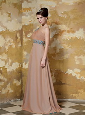 One Shoulder Floor-length Brown Chiffon Prom Dress With Beaded Sash Inexpensive