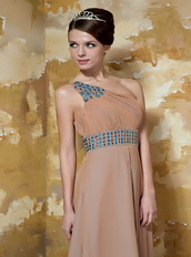 One Shoulder Floor-length Brown Chiffon Prom Dress With Beaded Sash Inexpensive