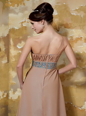 One Shoulder Floor-length Brown Chiffon Prom Dress With Beaded Sash Inexpensive