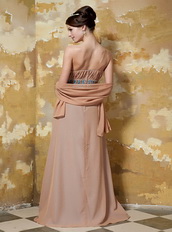 One Shoulder Floor-length Brown Chiffon Prom Dress With Beaded Sash Inexpensive