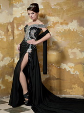 Black Column One Shoulder Chapel Train Prom Dress With Beading Bodice Inexpensive