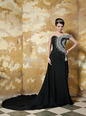 Black Column One Shoulder Chapel Train Prom Dress With Beading Bodice Inexpensive