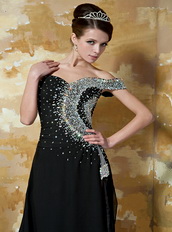 Black Column One Shoulder Chapel Train Prom Dress With Beading Bodice Inexpensive