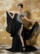 Black Column One Shoulder Chapel Train Prom Dress With Beading Bodice Inexpensive