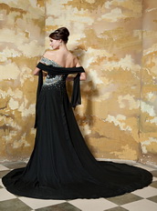 Black Column One Shoulder Chapel Train Prom Dress With Beading Bodice Inexpensive