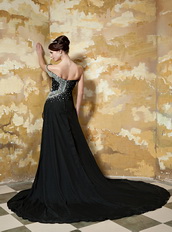 Black Column One Shoulder Chapel Train Prom Dress With Beading Bodice Inexpensive