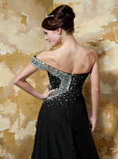 Black Column One Shoulder Chapel Train Prom Dress With Beading Bodice Inexpensive