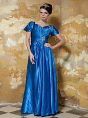 Royal Blue V-neck Floor-length Taffeta Prom Dress With Short Sleeve Inexpensive